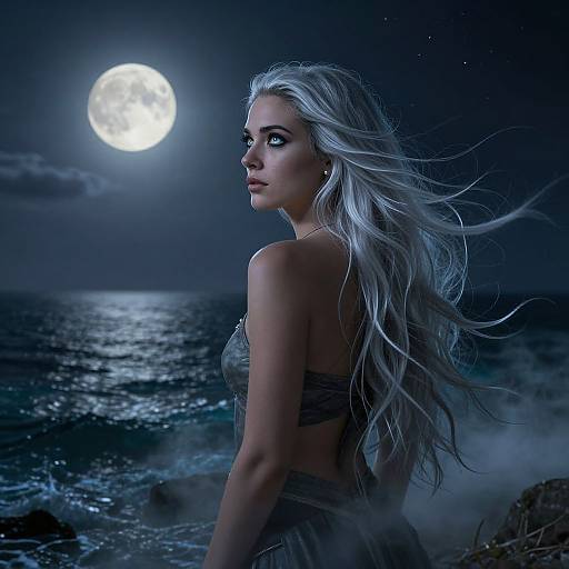 Digital artwork of a silver-haired woman with glowing eyes, wearing a strapless top, standing by a moonlit ocean under a starry night sky.