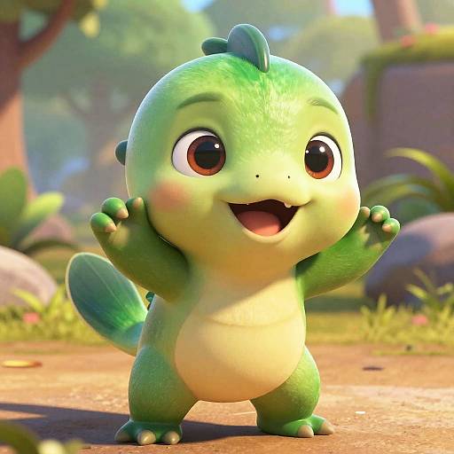 Cute, green, cartoon-style, chubby, baby dinosaur with big eyes and open mouth, standing on two legs, raising arms excitedly in a