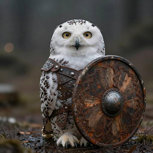 Snowy Owl in Viking Armor with Wooden Shield