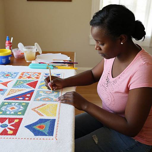 African-American woman with dark skin and braided hair, wearing a pink lace top, stitches a colorful, geometric quilt in a bright room. Table