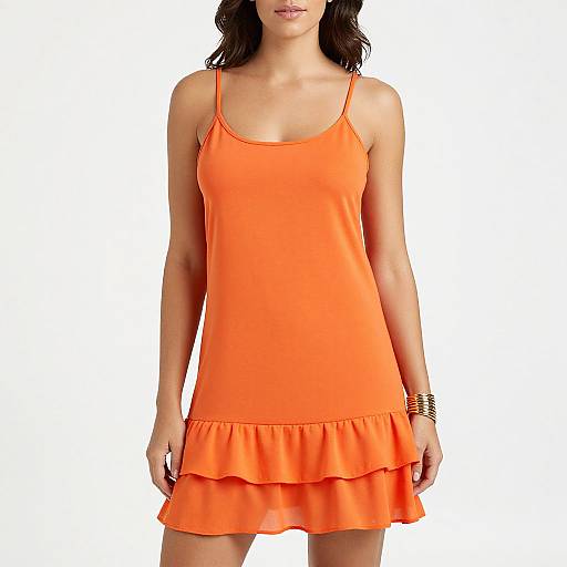 Photograph of a woman in an orange, sleeveless, spaghetti-strap dress with a ruffled hem, wearing a gold bracelet, against a plain