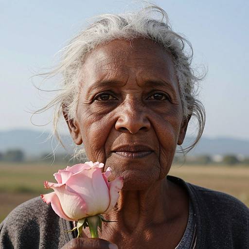 Photograph of an elderly Indian woman with wrinkled skin, gray hair, and dark brown eyes, holding a pink rose in front of her face,