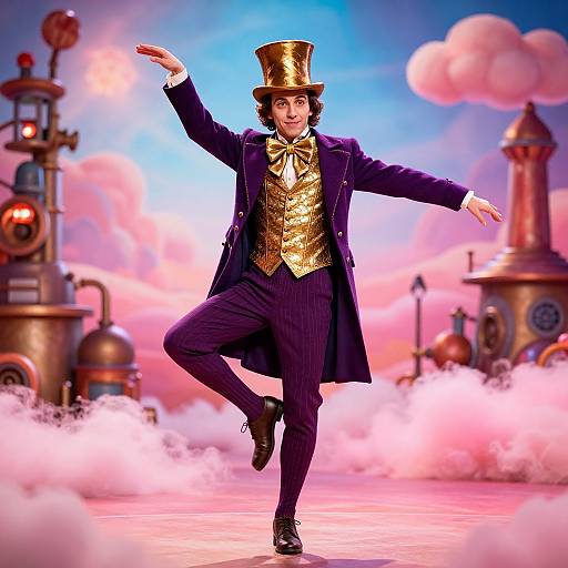 Photograph of a magician in a top hat, gold vest, and purple coat, dancing with outstretched arms and one foot raised, against a