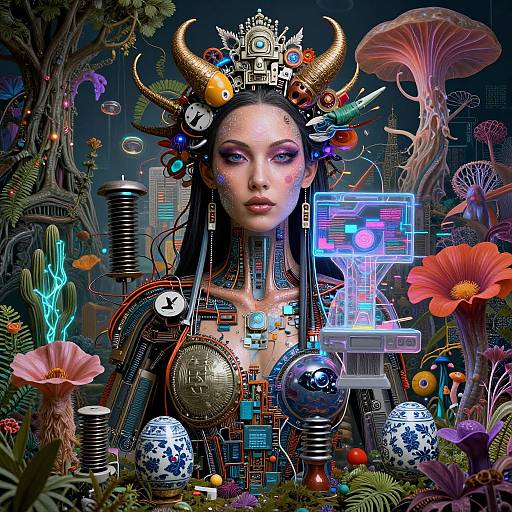 Digital artwork of a cybernetic woman with golden horns, colorful makeup, circuitry chest, surrounded by surreal mushrooms, flowers, and tech elements.