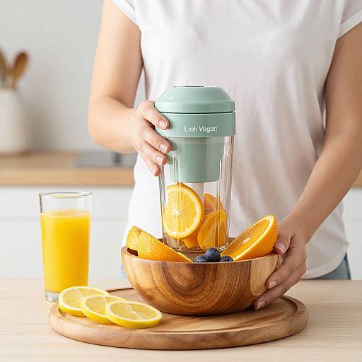 Photograph of a person in a white shirt using a LexiVest blender with sliced oranges and blueberries in a wooden bowl, next to a