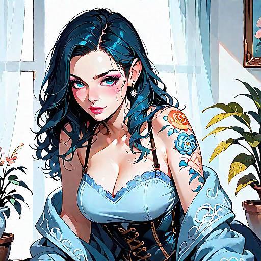 Brunette Woman in Denim Corset with Floral Tattoo