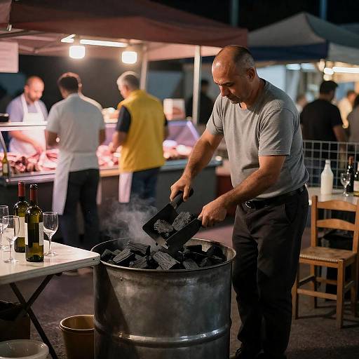 Man Shoveling Charcoal at Night Market