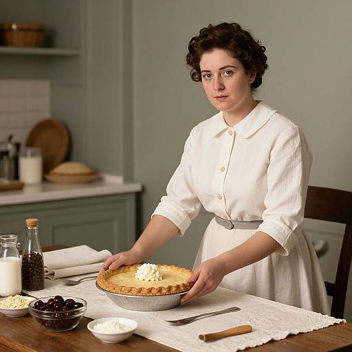 Photograph of a young woman with curly dark hair in a white blouse and apron, placing a pie with whipped cream in a kitchen.