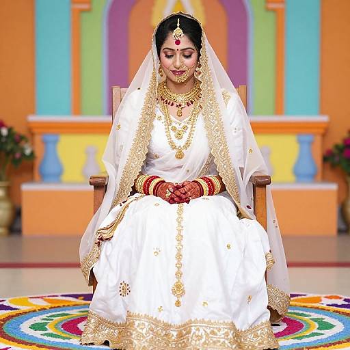 Photograph of a South Asian bride in a white and gold traditional saree, seated on a chair, adorned with jewelry, red bindi, and