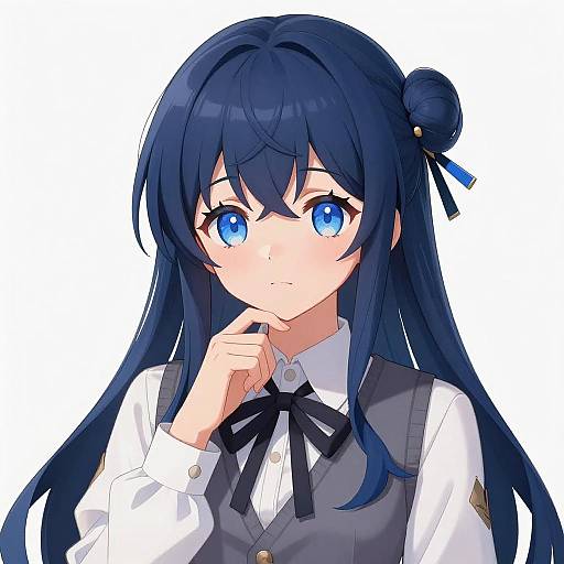 Anime Girl with Blue Hair and Thoughtful Pose
