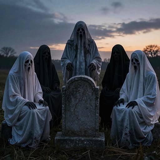 Five Phantoms Around Cracked Gravestone