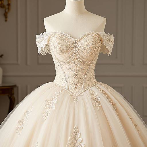 Photograph of an off-shoulder, ivory lace wedding gown with a full, tulle skirt displayed on a white mannequin in a softly