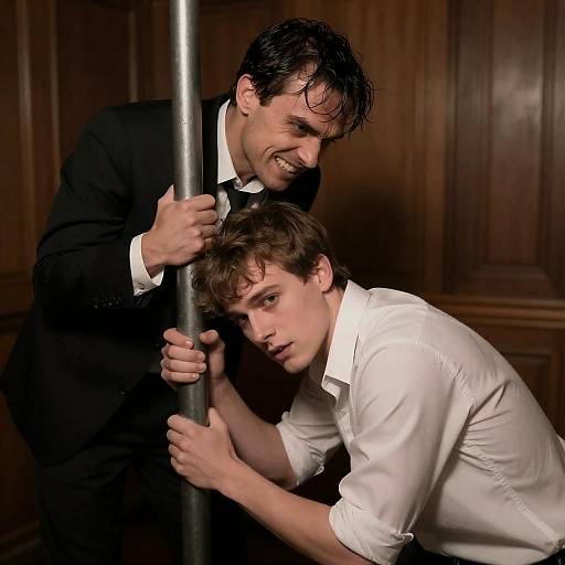 Tense Encounter in a Dimly Lit Room