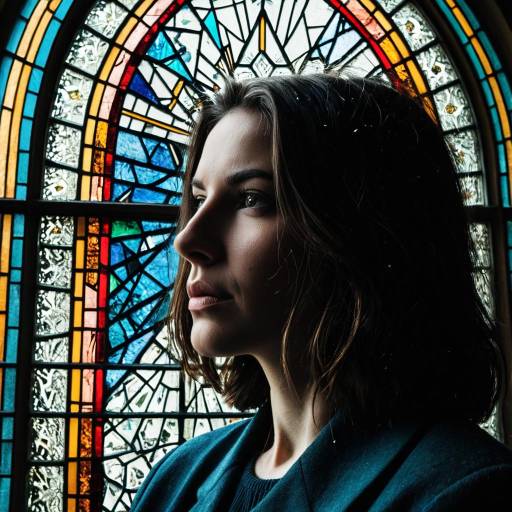 Profile of Woman in Front of Stained Glass Window