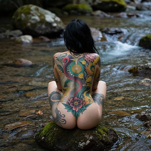 Photograph of a tattooed woman with black hair, kneeling nude on a mossy rock in a flowing forest stream. Detailed back tattoos feature vibrant flowers