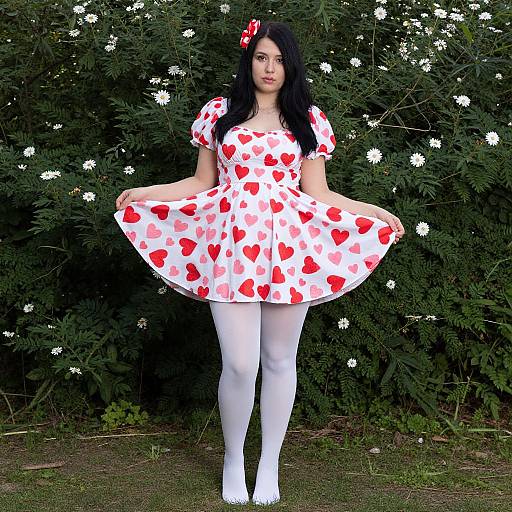 Photograph of a fair-skinned woman with long black hair, wearing a white dress with red heart patterns, white tights, and white shoes,