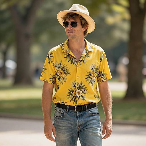 Photograph of a smiling man in a yellow pineapple shirt, blue jeans, beige hat, and sunglasses, walking in a sunny park.