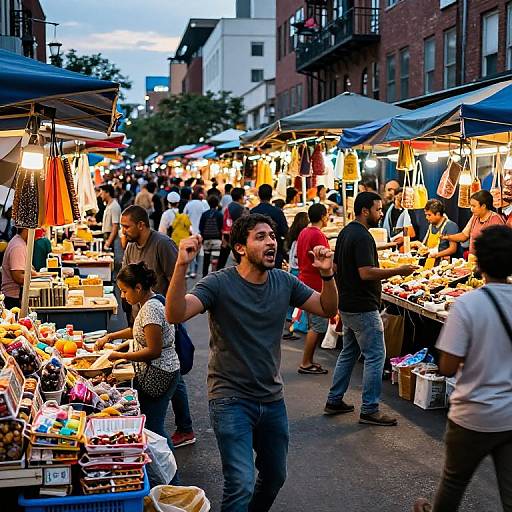 Photograph of a bustling outdoor market at dusk, with diverse shoppers, vibrant stalls, colorful lights, and various fresh produce and goods.