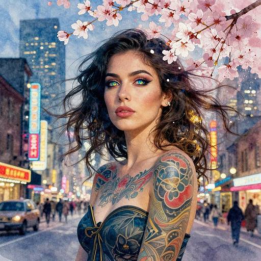 Photorealistic digital artwork of a tattooed, blue-eyed woman with wavy brown hair, wearing a strapless black dress, standing under cherry bloss
