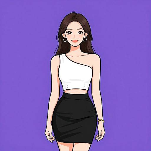 Digital anime-style drawing of a smiling woman with long brown hair, wearing a white one-shoulder top and black skirt, against a solid purple background