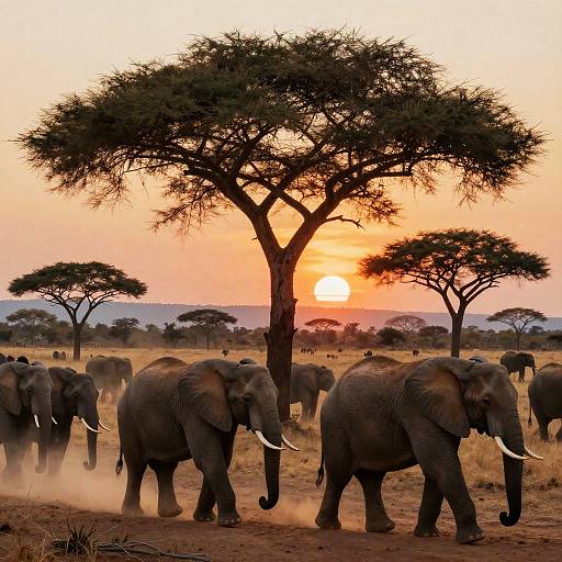 Photograph of a herd of elephants at sunset in an African savanna, with acacia trees silhouetted against a vibrant orange sky.
