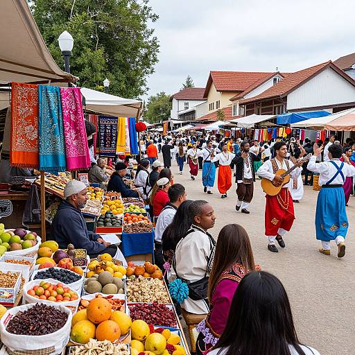 Vibrant market photo: colorful textiles, fresh fruits, diverse crowd in traditional attire, bustling street, outdoor stalls, sunny day, European village atmosphere