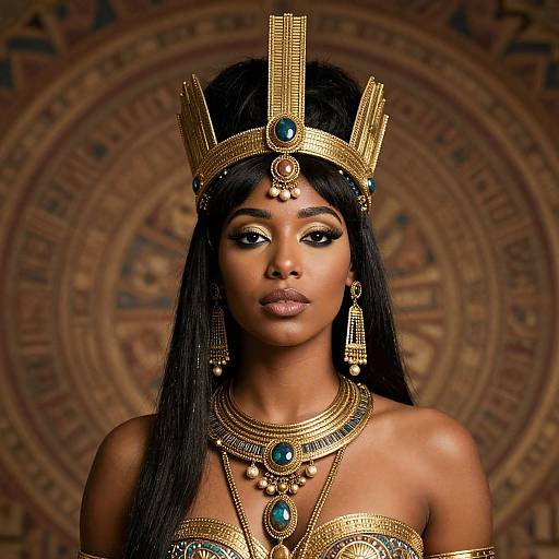 Photograph of a dark-skinned woman with long black hair, wearing an elaborate gold crown, turquoise jewelry, and a gold necklace, against a circular