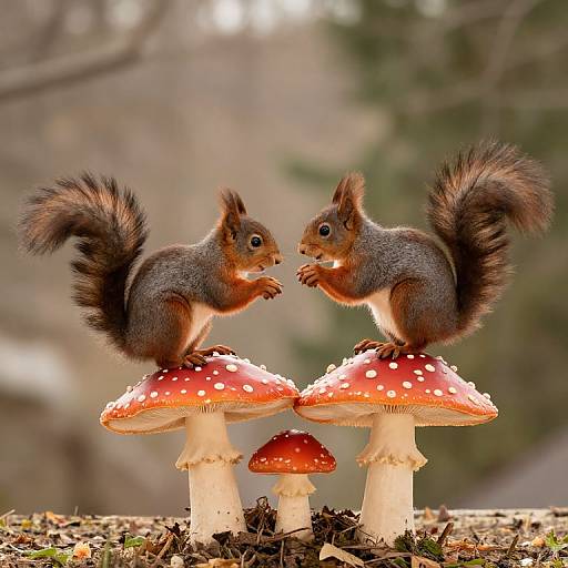 Photograph of two brown squirrels standing on red and white-spotted mushrooms, facing each other, in a blurred forest background.