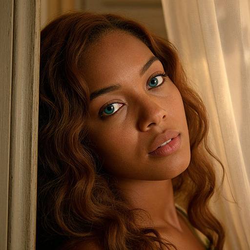 Photograph of a beautiful, brown-skinned woman with wavy brown hair, striking blue eyes, and glossy pink lips, peering through a wooden