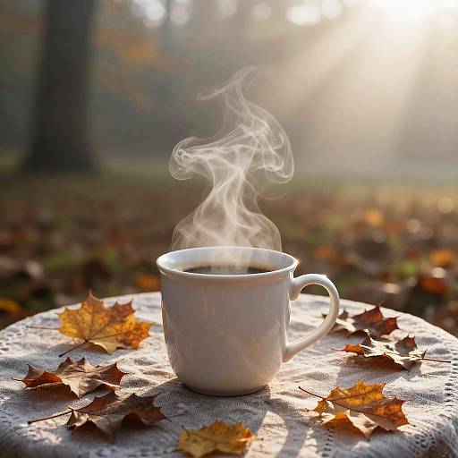 Photograph of a white ceramic mug with steaming hot coffee on a lace-covered table, surrounded by autumn leaves in sunlight.