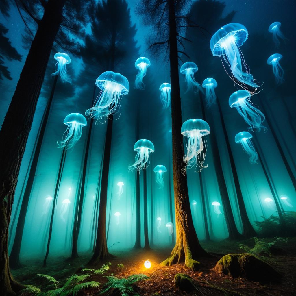 Misty Night Forest with Jellyfish Lights