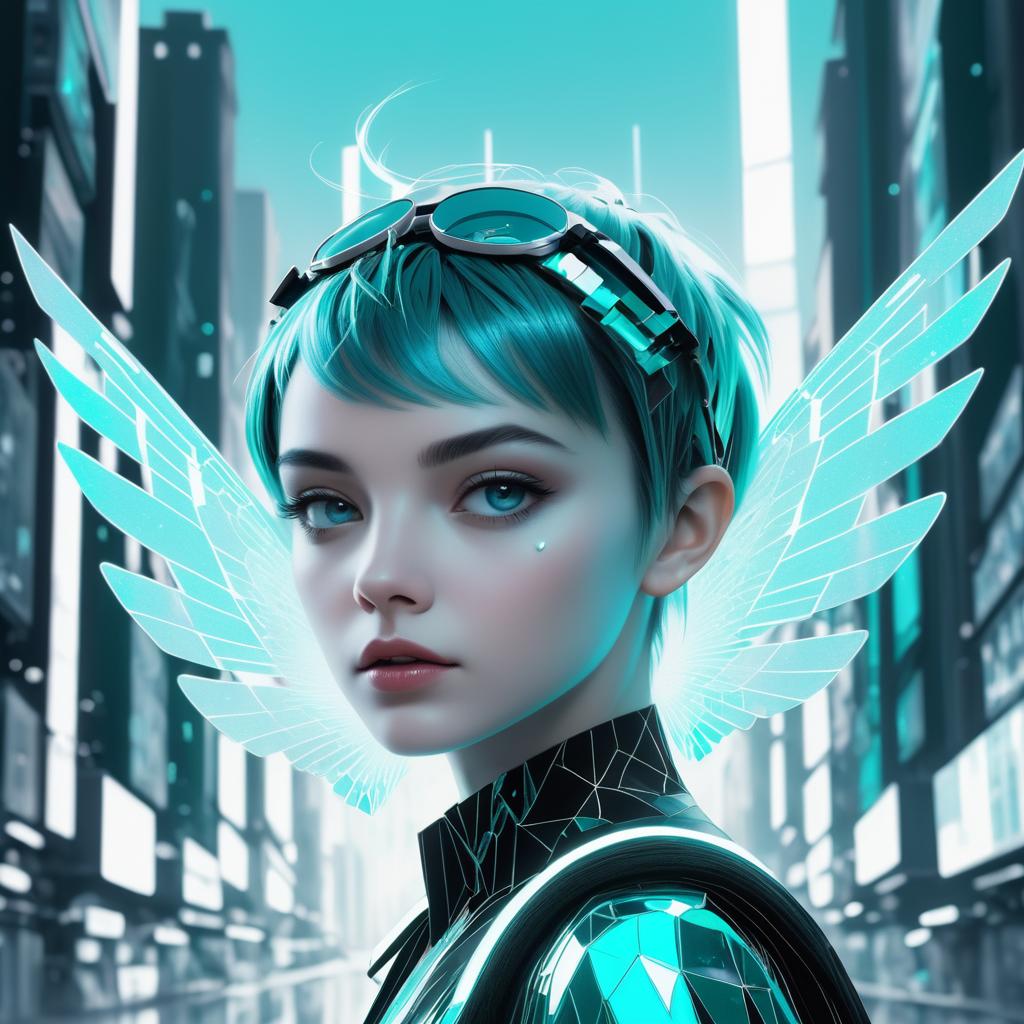 Holographic Pixie in Dystopian Cityscape