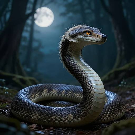 Digital artwork of a fierce, realistic snake with glowing yellow eyes coiled in a dark, moonlit forest, showcasing detailed scales and a menacing expression.