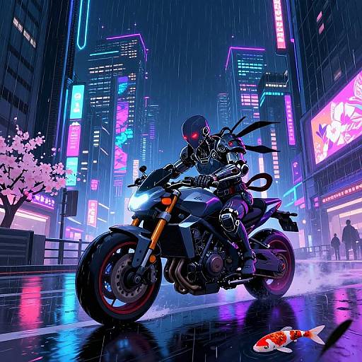 Neon-lit cyberpunk city street at night, rain pouring down. A masked motorcyclist in black suit rides a sleek black bike, glowing