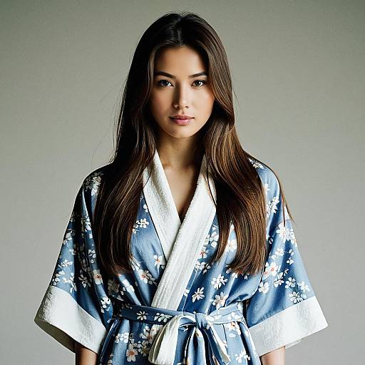 Woman in Blue Floral Kimono