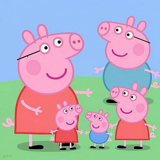 Cartoon drawing of pink pig family: two adults in red dresses, one in blue, and two children, standing on green hill with blue sky background