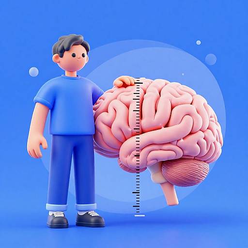 CGI illustration of a cartoon boy in blue clothes standing next to a large, pink, detailed brain with a height measurement line. Blue gradient background.
