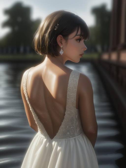 Woman in Backless White Dress by Water