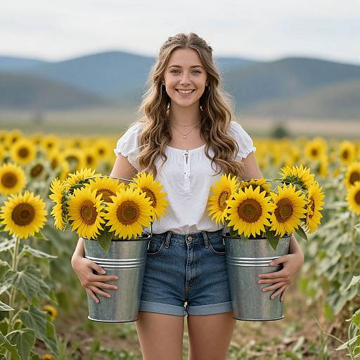 Young Woman with Sunflower Buckets in Colorado