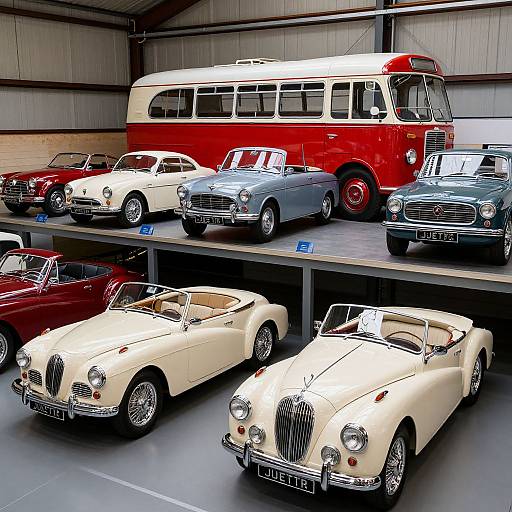 Photograph of vintage cars: two cream convertible classics, three classic sedans, and a red-and-white bus in a showroom.