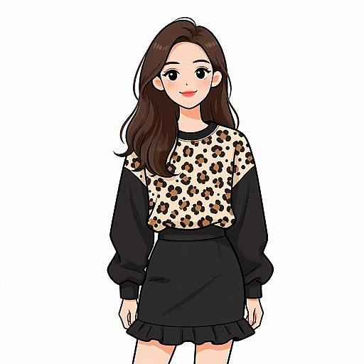 Digital anime-style drawing of a smiling young woman with long brown hair, wearing a black skirt and a leopard-print long-sleeve top.
