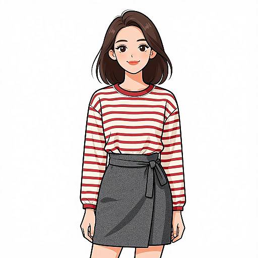 Digital anime-style drawing of a smiling young woman with fair skin, brown shoulder-length hair, wearing a red and white striped long-sleeve shirt and