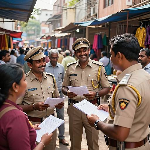 Photograph of four Indian police officers in beige uniforms, standing in a bustling outdoor market, exchanging papers with a woman in maroon. Background includes colorful