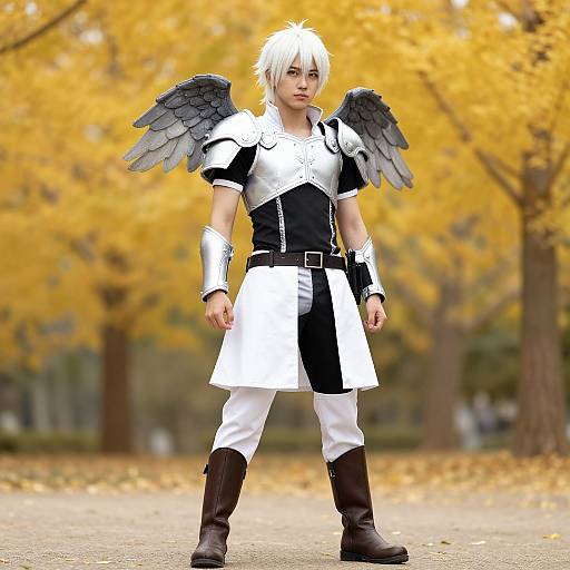 Young male cosplayer with white hair, black-and-white armor, gray angel wings, and brown boots stands on a autumn path.