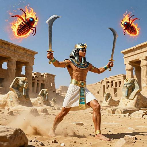 Digital artwork of a muscular, ancient Egyptian pharaoh wielding curved swords, with fiery beetles, in a sunlit, desert ruins backdrop.