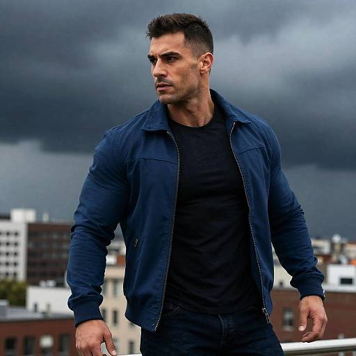 Dynamic Urban Portrait Against Stormy Sky