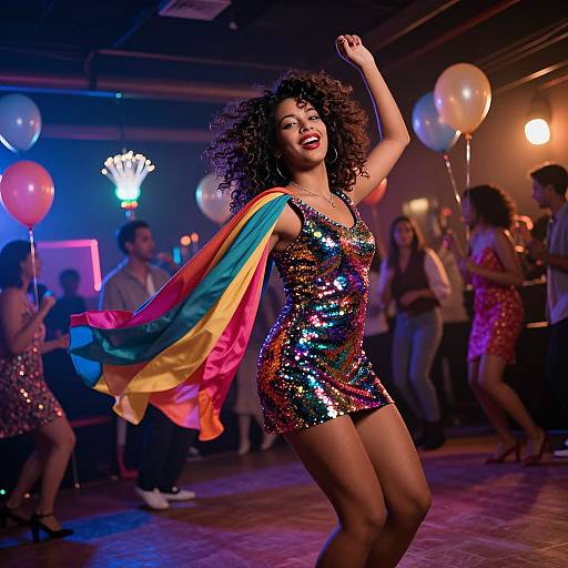 Photograph of a curly-haired Black woman in a sparkly, multicolored sequin mini-dress and rainbow cape, dancing energetically in