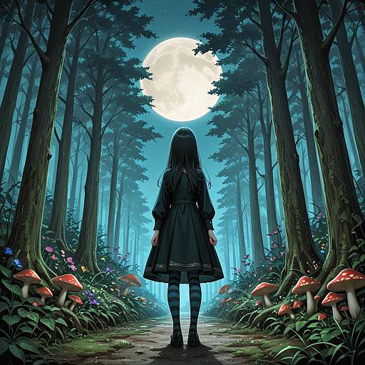 Girl in Forest Under Full Moon