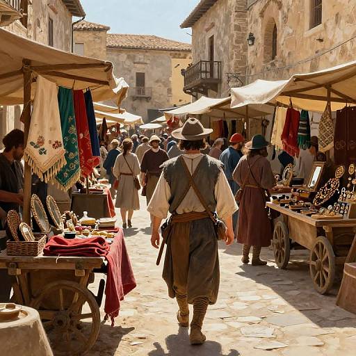 Photograph of a sunlit medieval market street with vendors selling textiles, jewelry, and trinkets; people in period clothing, including a man in