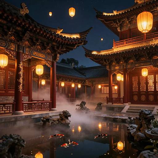 Photograph of a traditional Chinese courtyard at night, illuminated by glowing lanterns, with mist over a koi pond and ornate, red-roof